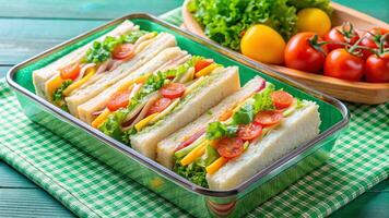Sandwiches in a metal container on a green table photo