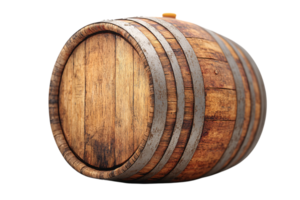Large wooden barrel with sturdy metal bands, showcasing rustic details and emphasizing its use in traditional storage, possibly for wine or whiskey png
