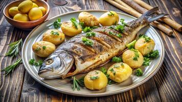 A fish with potatoes and herbs on a plate photo