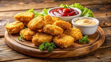 Chicken nuggets with ketchup and salad on a wooden table photo