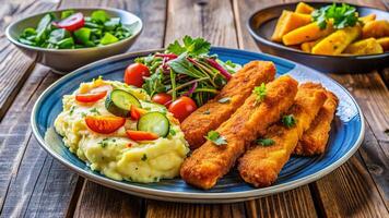 Fried fish fillets with mashed potatoes and vegetables photo