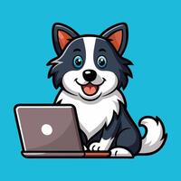 Tech Pup Cute Border Collie Working on Laptop vector