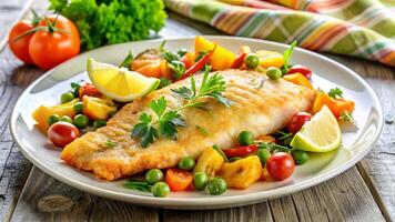 Fish fillet with vegetables and lemon on a white plate photo