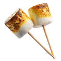 A pair of marshmallows, toasted evenly with brown spots, on sticks, showcasing their fluffy, melted centers and satisfying campfire appeal png