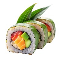 Trio of sushi rolls wrapped in leafy greens, featuring fresh ingredients like cucumber and salmon, garnished with a decorative leaf png