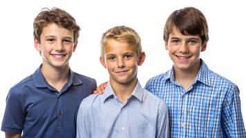 Three young boys in collared shirts, smiling and looking directly at the camera, presenting a friendly, wholesome image of camaraderie png