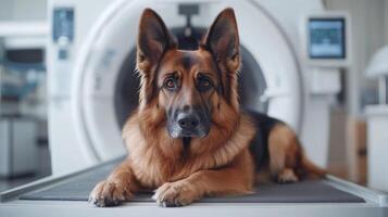 A veterinarian is getting a dog ready for an MRI procedure in a modern veterinary clinic. The atmosphere is calm and professional, emphasizing the importance of pet health and diagnostic care photo