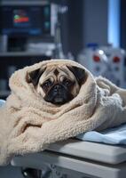 A veterinarian wraps a pug in a soft blanket while preparing for an MRI procedure in a modern veterinary clinic. The environment showcases advanced diagnostic imaging technology photo