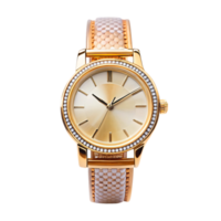 A glamorous golden watch with a diamond-studded bezel and a cream dial, paired with a textured white strap for a luxurious touch png