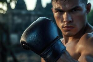 A Muay Thai fighter stands confidently, raising his gloved fist in preparation for practice. The backdrop features ancient temple ruins illuminated by the warm glow of sunset photo