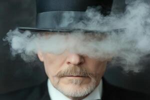 A man wears a classic top hat and a formal suit, his face partially obscured by a dense cloud of smoke, creating an enigmatic atmosphere for Smoke And Mirrors Day photo