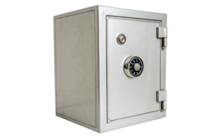 A solid metallic safe with a simple design and a combination lock. It conveys security, reliability, and strong protection png