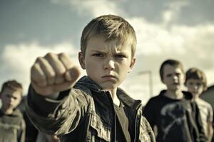 A group of boys stands together in an urban area, with one boy in front showing a fist of defiance. The late afternoon sun casts shadows, highlighting their expressions and emotions photo