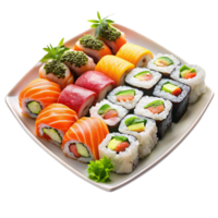 A colorful sushi assortment on a square plate, featuring various rolls with salmon, tuna, and avocado, garnished with herbs and roe png