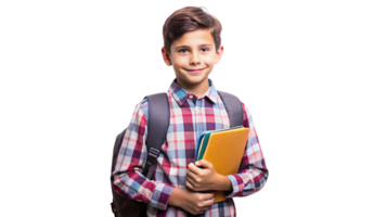 A boy with a plaid shirt and backpack holds colorful folders, looking cheerful and prepared for a day of learning or activities png