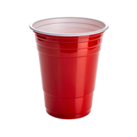 A vibrant red plastic cup with glossy finish, white interior, and tapered base. Smooth and reflective surface emphasizes its sturdy, classic design png