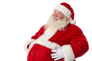 Santa smiles warmly while resting his hands on his iconic fluffy coat, embodying the jovial, timeless character of Christmas png