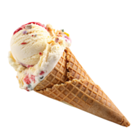 A waffle cone holding creamy vanilla ice cream with red berry swirls, offering a delightful balance of textures and colors png