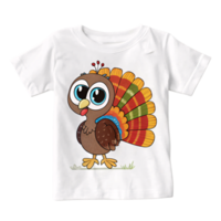 Playful turkey illustration on a white t-shirt, featuring bright eyes, vibrant feather colors, and a cheerful pose for festive wear png