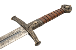 Antique sword hilt with intricate carvings, a leather-wrapped grip, and metallic detailing. Represents craftsmanship and historical elegance png
