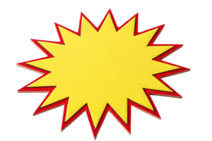 A yellow starburst with a red outline, evoking a bold comic-book effect. Striking and dynamic, perfect for highlighting announcements png