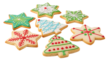 Christmas-themed star and tree cookies with vibrant green, red, and white icing, each adorned with intricate snowflake, dot, and line patterns png