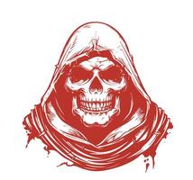 Death in a cloak emblem design. Monochrome element with hooded skeleton vector