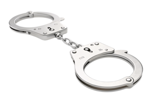 A close-up of shiny silver handcuffs, linked by a short chain, reflecting sharp light, representing authority, justice, or restraint png