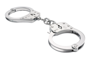 A polished pair of silver handcuffs, slightly open, showcasing intricate mechanical detailing and durable chain links, emphasizing functionality and design png