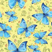A playful seamless pattern of hand drawn blue butterflies and simple colorful line art flowers on a neutral yellow background. vector