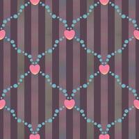 Dark vertical striped seamless pattern of pink hearts and pearl beads in diagonal layout vector