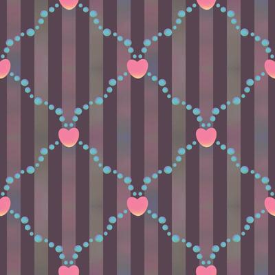 Dark vertical striped seamless pattern of pink hearts and pearl beads in diagonal layout