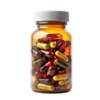Bottle of Multivitamins with White Cap Resting on Transparent Surface png