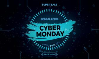 Cover for monday sale. long banner for Monday Sale. Modern advertising design with circuit board pattern and grid on dark background. vector