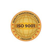 ISO 9001 certified golden label, illustration. ISO 9001 standard certified icon on white background. vector