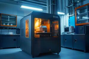 A high-tech 3D printer is positioned in a contemporary workshop, emitting a warm glow from its illuminated components. The setting highlights its advanced design and functionality photo