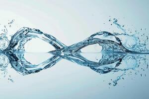 Water splashes and arcs beautifully, forming unique patterns against a light blue backdrop, capturing the essence of fluid dynamics and elegance photo