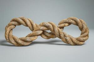 A meticulously crafted rope sculpture forms the shape of an infinity loop, highlighting natural fibers and textures against a simple gray backdrop photo