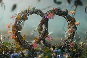 A heart-shaped wreath made of branches and colorful flowers sits among dew-covered grass. The soft morning light highlights the serene beauty of nature during dawn photo