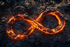 Molten lava shapes the infinity symbol as it flows over textured volcanic rock, creating a stunning contrast against the dark landscape at sunset photo