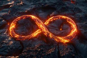 Molten lava creates a glowing infinity symbol on dark volcanic rock, showcasing the dynamic contrast between fire and earth during a night scene photo