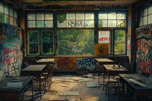Deserted classroom displays colorful graffiti on walls and shattered windows, with sunlight filtering in and revealing scattered debris and foliage outside photo