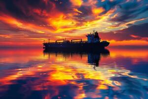 The cargo ship is anchored in serene waters as a breathtaking sunset glows with hues of orange, purple, and pink, creating a captivating reflection photo