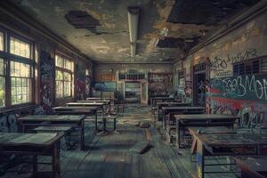 Dust and debris cover the floor of an old classroom where broken desks and chairs are scattered, surrounded by colorful graffiti on peeling walls and damaged ceilings photo