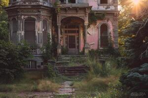 An old mansion stands in disrepair, its elaborate details hidden beneath layers of vines and grass, illuminated by the warm light of the setting sun photo