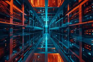 This data center features a corridor filled with servers, brilliantly lit by blue and orange lights, creating a futuristic atmosphere. The setting emphasizes technology and infrastructure photo