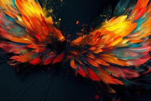 Bright, colorful wings created with brushstrokes appear to burst with energy, showcasing a vibrant mix of orange, red, and turquoise against a deep backdrop photo