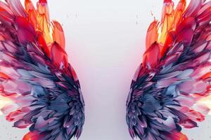 The artwork features striking abstract wings composed of vivid feathers in red, orange, and purple, creating a dynamic visual effect against a subtle backdrop photo