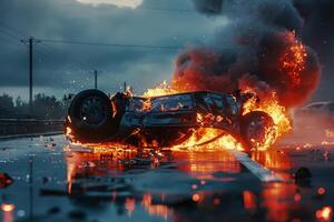 An overturned vehicle catches fire on a rain-soaked highway during a stormy evening, with smoke billowing into the darkening sky and surrounding debris scattered along the roadside photo