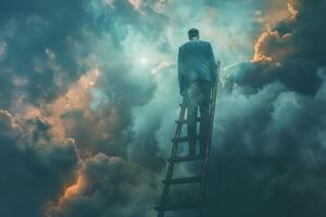 A man in a suit ascends a wooden ladder reaching towards a brilliant light breaking through dark, swirling clouds at twilight, evoking feelings of hope and ambition photo